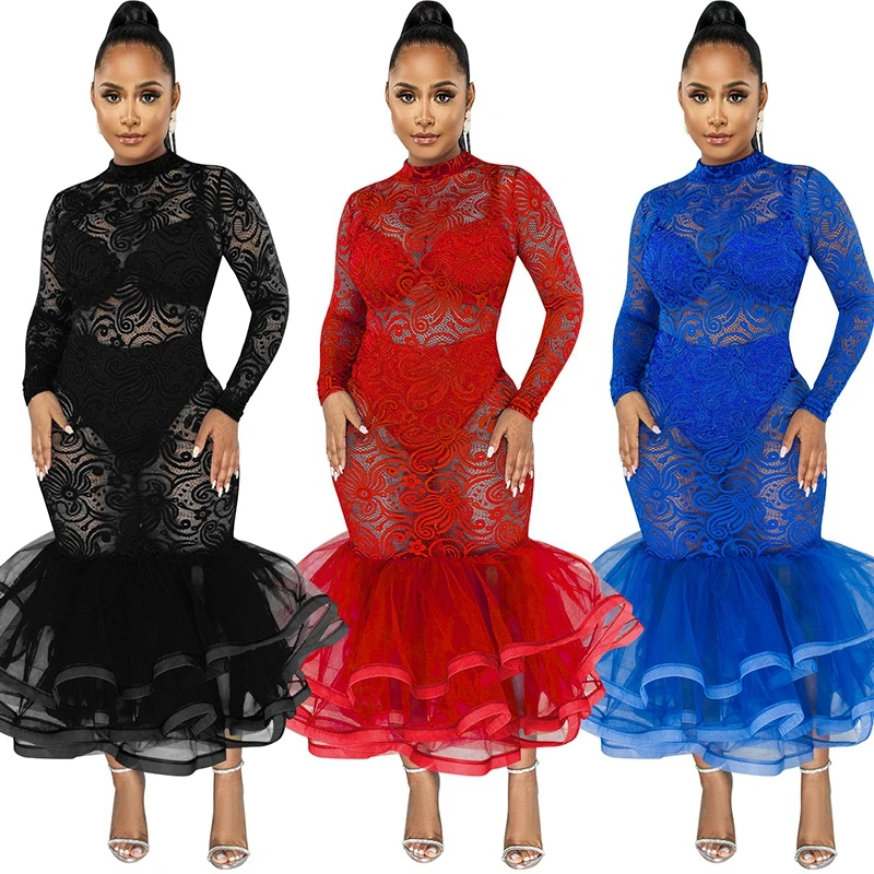 

Однотонное прозрачное Сетчатое кружевное лоскутное прозрачное Тюлевое платье с оборками подол русалки модное кружевное длинное блестящее...