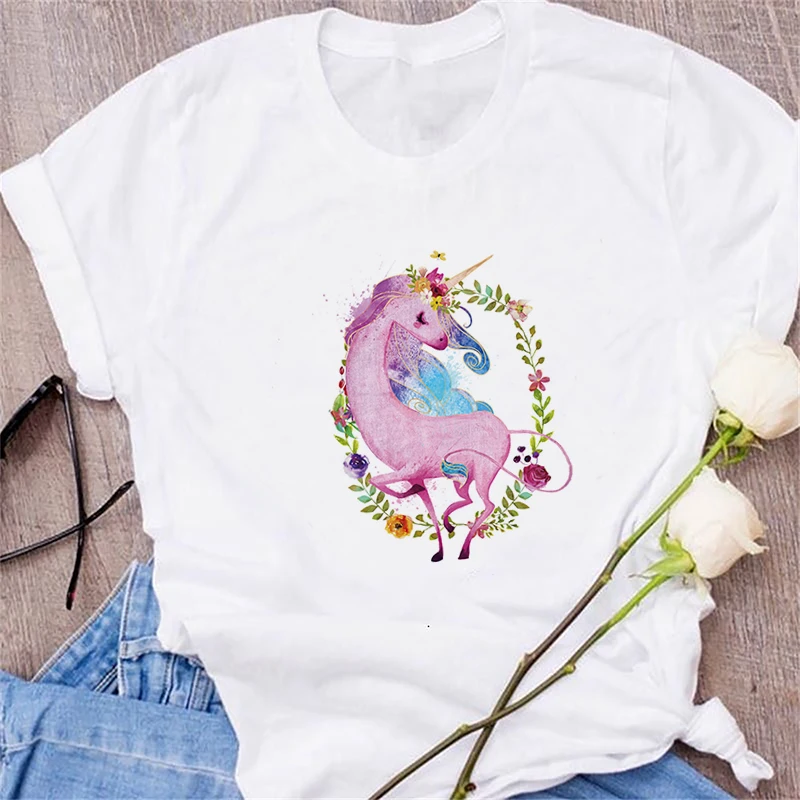 Женская футболка с коротким рукавом и принтом единорога летняя цветочным