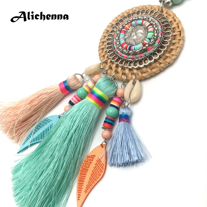 Ручная работа женское круглое ожерелье из ротанга с кисточкой длинное богемное