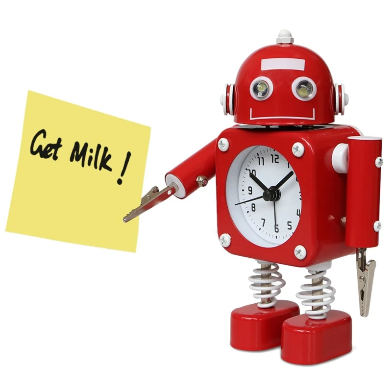 Не тикающий робот будильник детский с мигающими светящимися глазами и зажимом