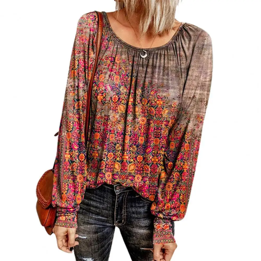 

Autumn Long Sleeve Blouse Women Floral Print Shirt O Neck Pleated Loose Autumn Plus Sizes Shirt Vintage Streetwear Vacation 4XL