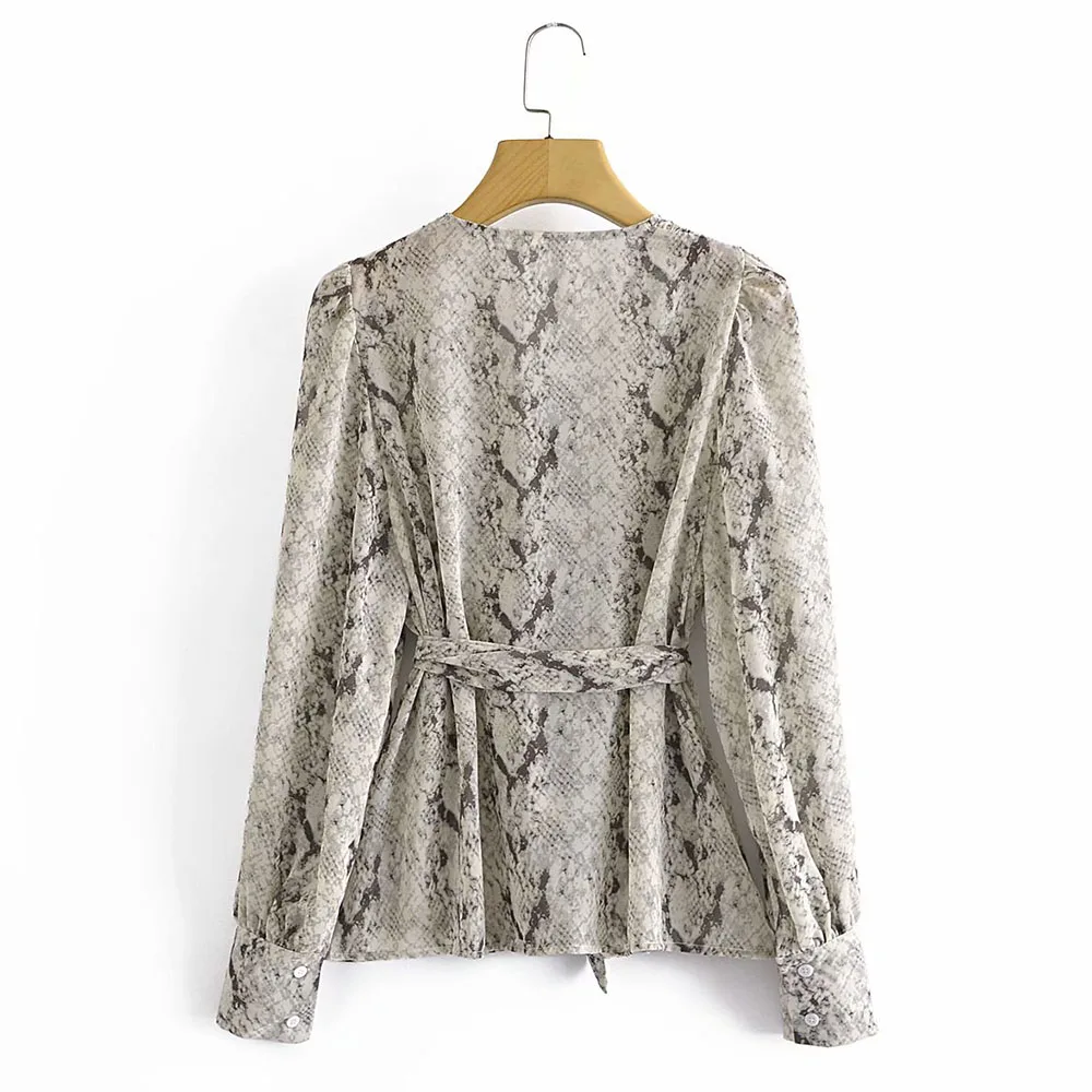 

DiYiG WOMAN2021 spring new elegant V-neck printed chiffon shirt Western style loose all-match long sleeve top women's belt