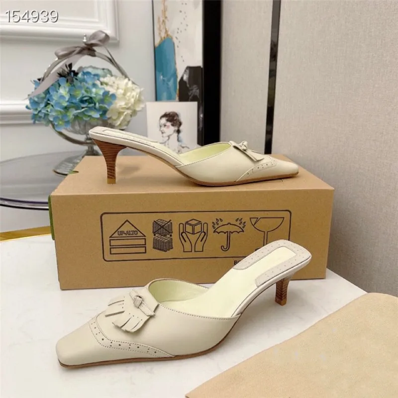 

Luxury Brand Designer Thin Heel Sandals Slippers Latest Retro Tassel High Heel Half Slippers Classic Women's Shoes
