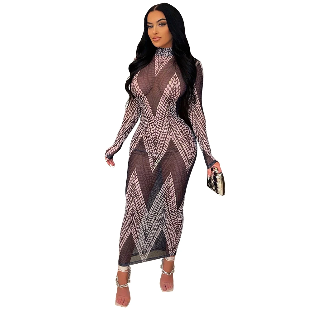 

Cy9564 European and American spring and autumn women eBay fashion sexy polyester screen perspective printed figure line dress sp