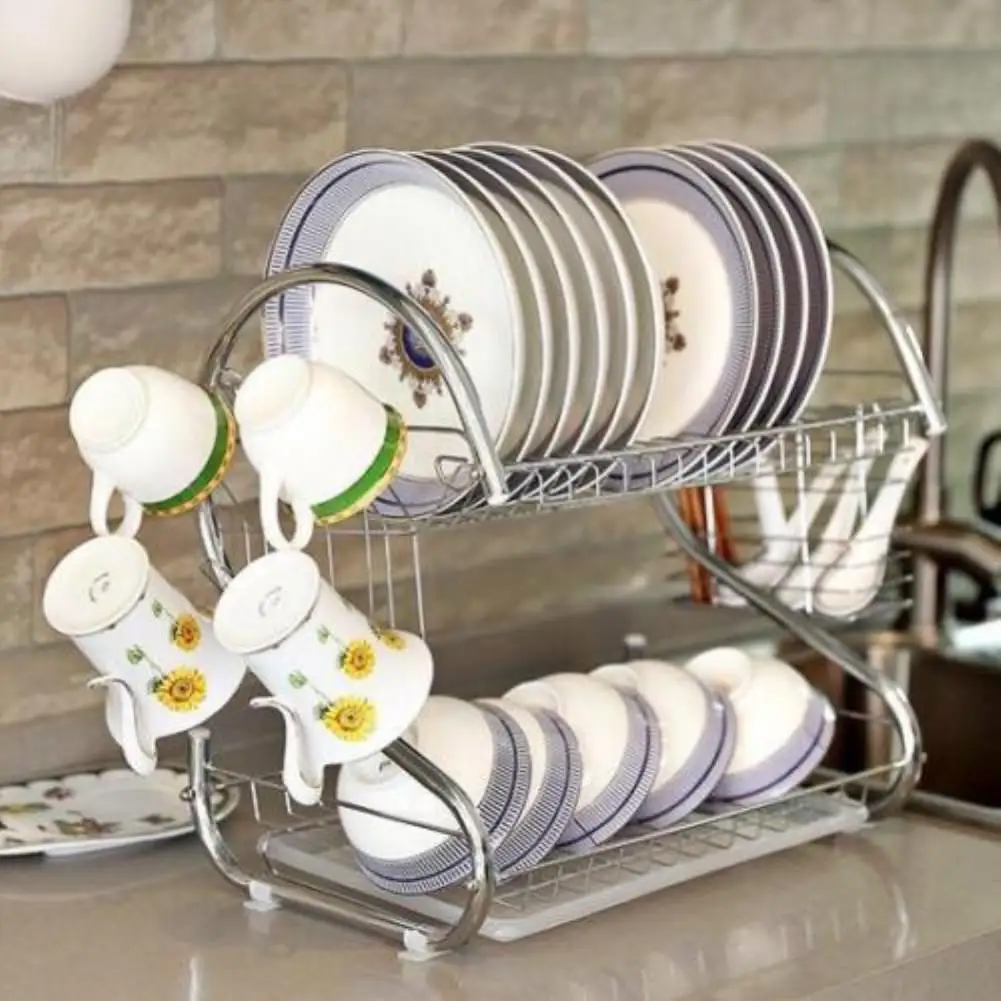 

Large Capacity Stainless Steel 2-Layer Dish Drainer Drying Rack for Kitchen Storage