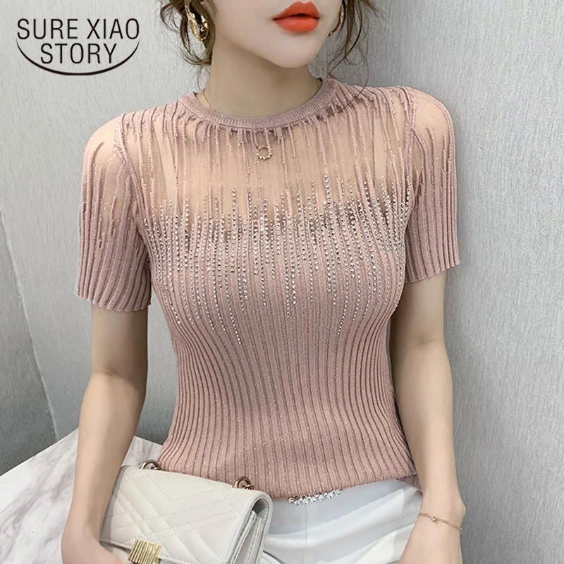 Блузка женская трикотажная прозрачная с бриллиантами коротким рукавом в