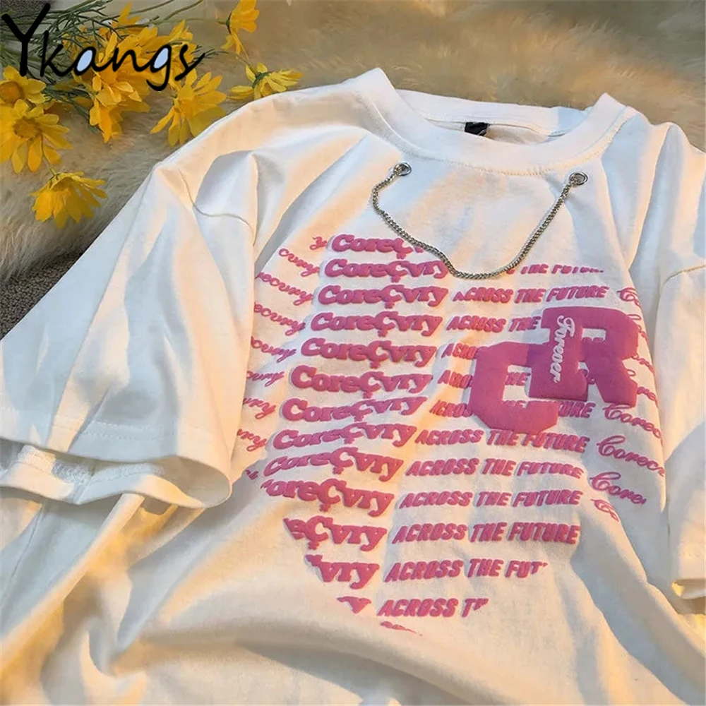 

Oversized Heart Letter 3d Print Metal Chain Short Sleeve T Shirt Summer Fashion Gothic Trendy Tees Harajuku Women Streetwear Top