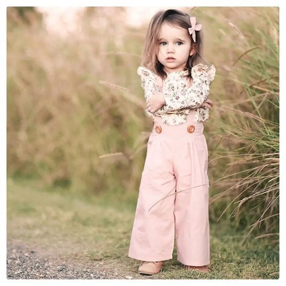 

2021 Spring Girl Clothes Toddler Kids Floral Blouse Tops+Pants Overall 2PCS Suits Children Outfits Sweet Pink Girl Clothing Set