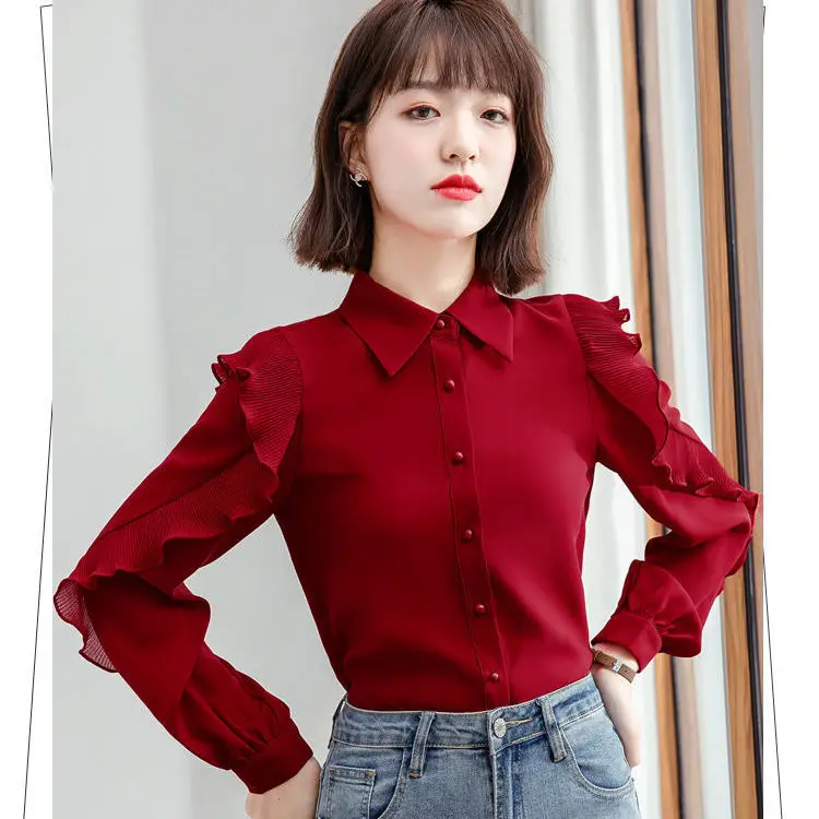 

Шифоновая рубашка, Женская весенне-осенняя одежда, новинка 2021, трендовая модная блузка с оборками, красная рубашка в иностранном стиле