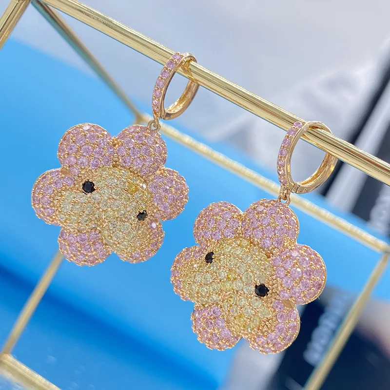 

Luxury colorful diamond sun baby earrings three-dimensional flower earrings cute expression earrings micro-inlaid zircon cat gir