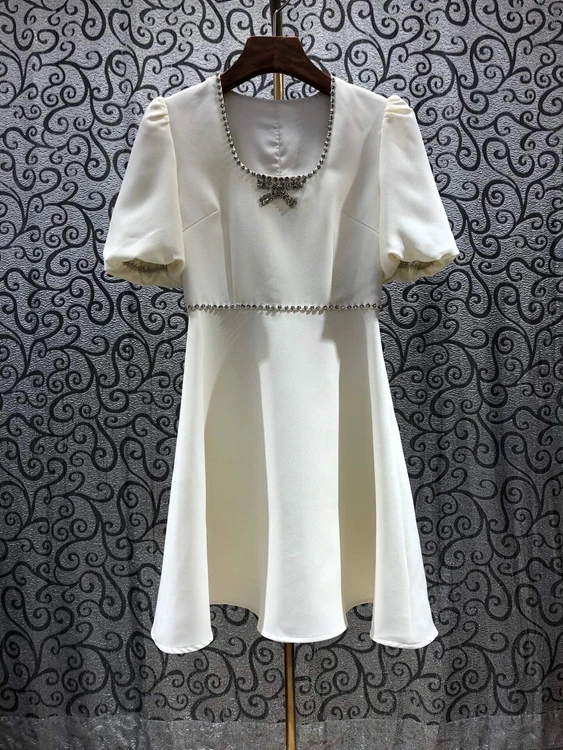 

2021 новая женская мода короткий рукав Круглый воротник из бисера декольте платье с бантом 420