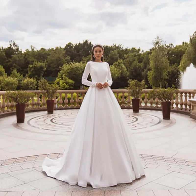 

Elegant Satin Wedding Dresses Long Sleeve Lace Bride Gown Muslim Wedding Gown Covered Back Vestido de novia 2022