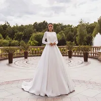 Elegant Satin Wedding Dresses Long Sleeve Lace Bride Gown Muslim Wedding Gown Covered Back Vestido de novia 2022