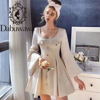 dabuwawa sexy square neck women dress elegant signal breasted flare sleeve office party style ladies mini dresses do1adr006