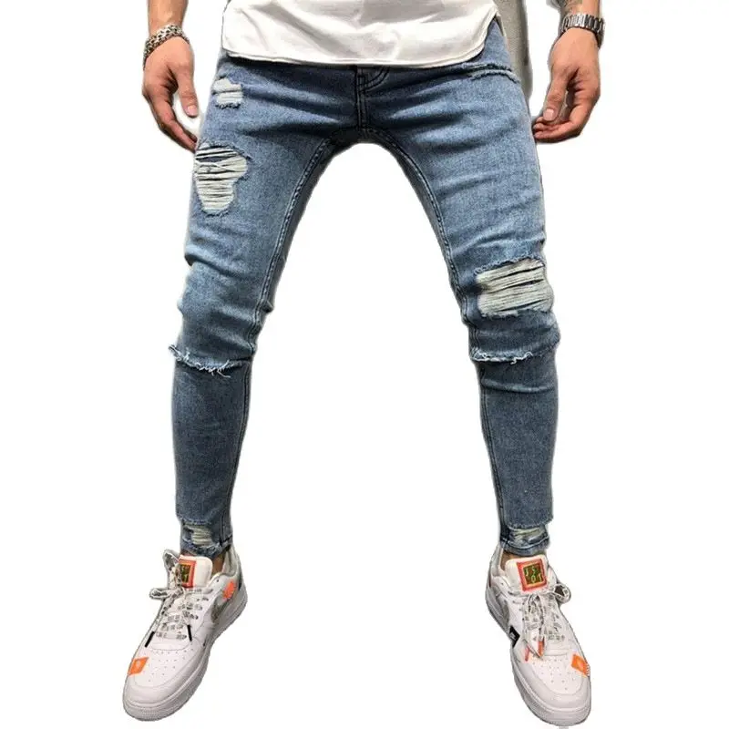 

Мужские узкие джинсы, новые модные Молодежные рваные поцарапанные джинсовые брюки