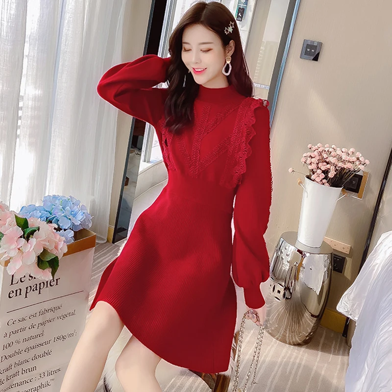

Women Dress 2020 New Female Autumn Winter Hedging Sweater Dress Femme Fashion Knit Dress Female Slim Temperament Base Dress
