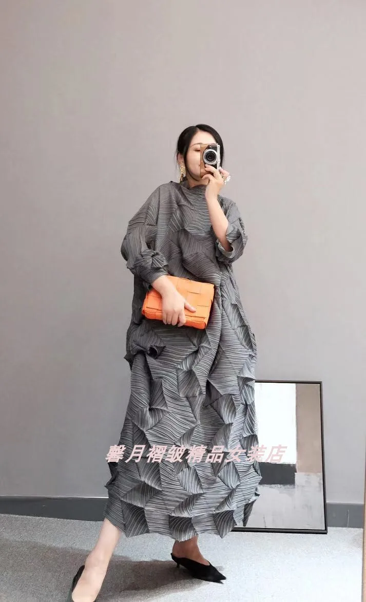 Горячая Miyake модное платье со складками со стразами, однотонное Свободное длинное платье со стоячим воротником