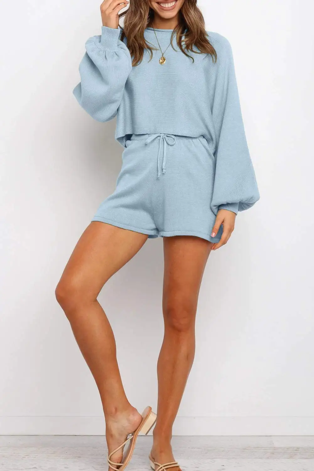 

Women's Casual Long Sleeve Solid Color Knit Pullover Sweatsuit 2 Piece Short Sweater Outfits Sets