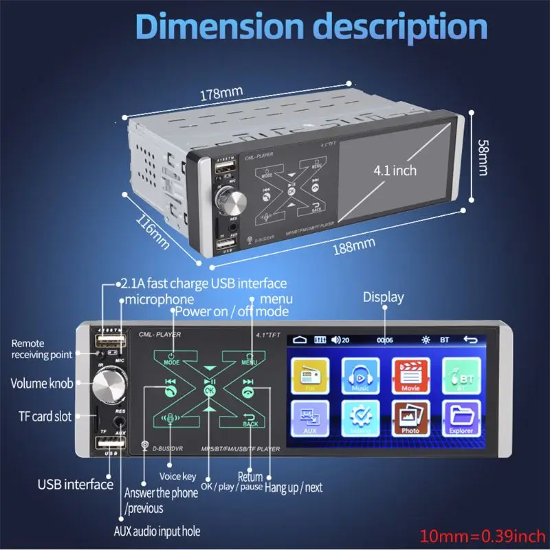 

4.1 inch Car Stereo Bluetooth 5.0 FM AI Voice AUX MP5 Player 1 Din Vehicle Car Radio Mirror Link +Mic Steering Wheel Control