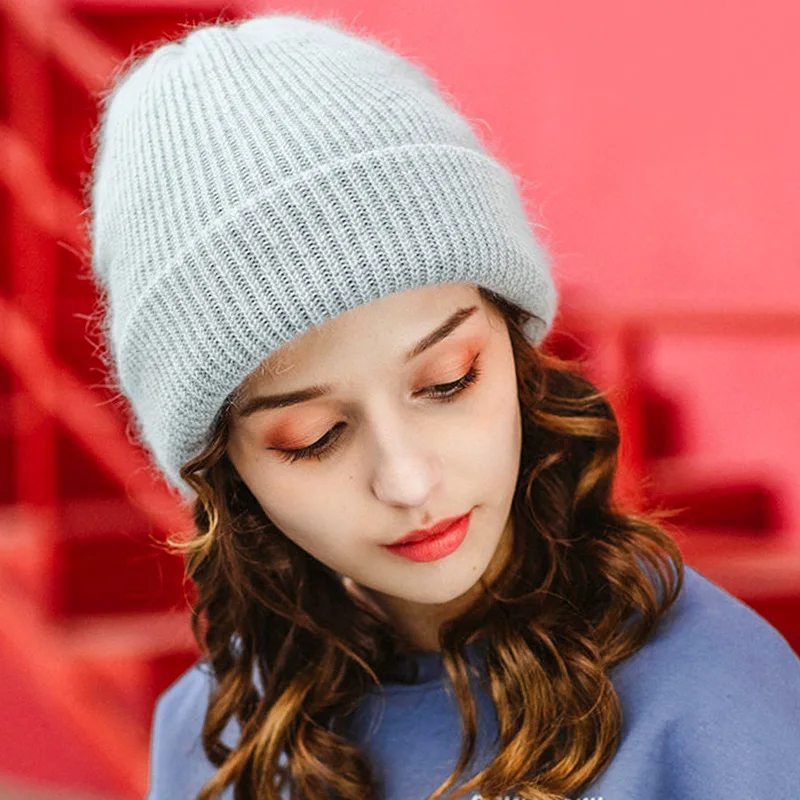 

Beanie Hat for Women Winter Warm Hat Knitted Rabbit Fur Skullies Hat Bonnet Cap Female Casual Hats for Girl Fashion hats 2021