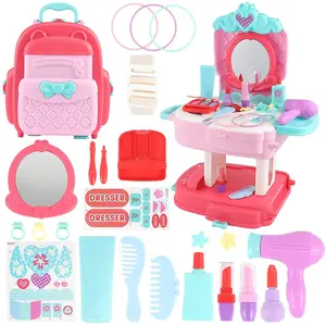 Kids Make Up Set Pretend Makeup Set Role Play Cosmetics Jewellry Kit for Girls 2 in 1 Dressing Table Toy Princess Bag Gift
