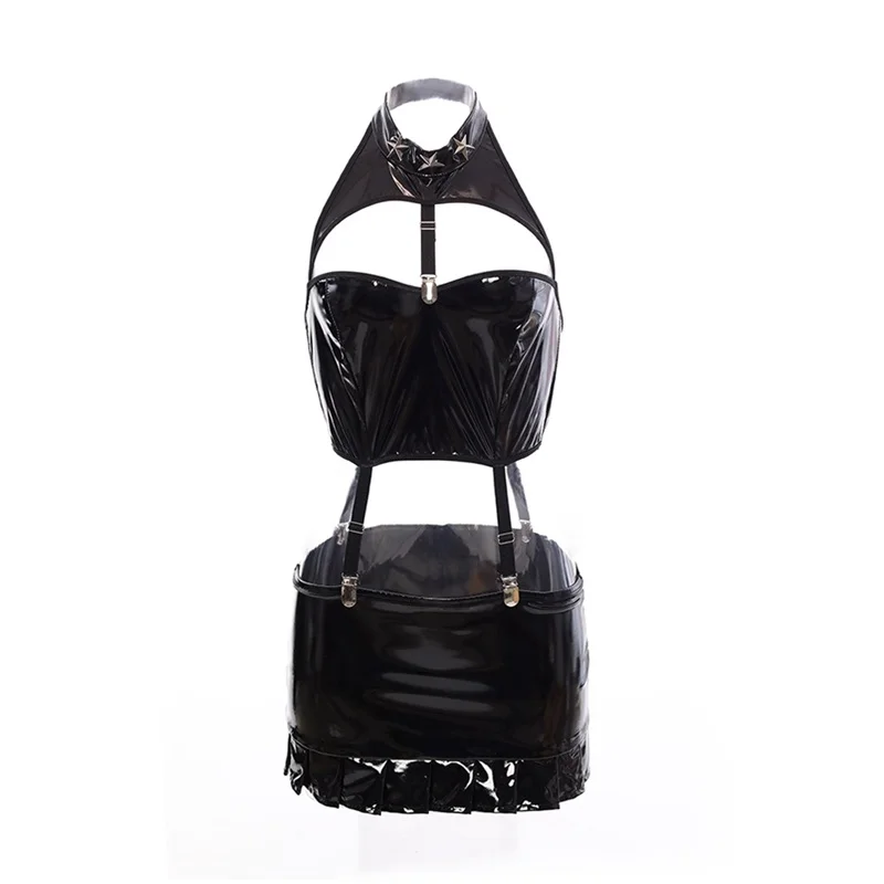 

DUOJIAOYAN Sexy Faux Leather Women Police Costumes Female sexy Cosplay Costume set Role Play Cops cool black Uniform