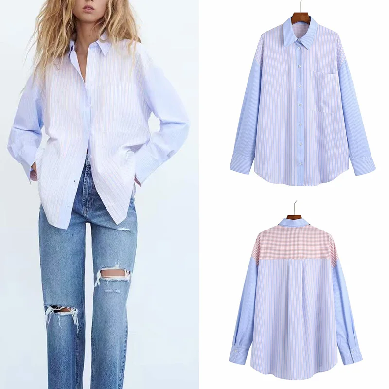 

KUMSVAG Women Summer Casual Striped Shirts Blouses Tops 2021 ZA Long Sleeve Pockets Poplin Female Fashion Top Clothes Blusas