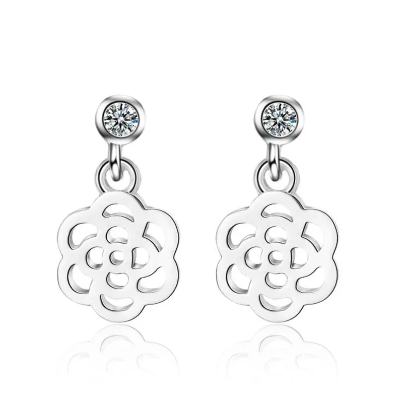 New Personality Rose Female Korean Style 925 Sterling Silver Jewelry Fashion Design Hollow Flower Crystal Stud Earrings SE800 |