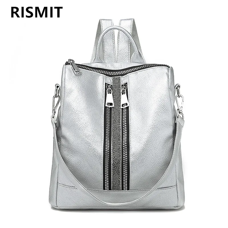 Модный золотой кожаный рюкзак женская черная винтажная большая сумка для