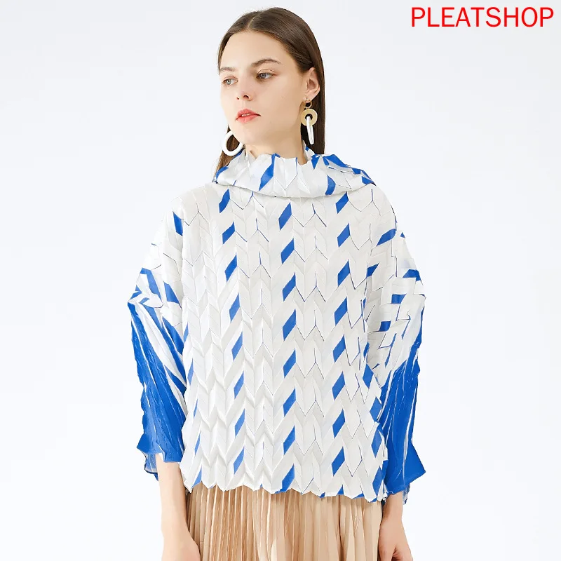 MIYAKE Autumn New Korean-Style Plaid Pleated Heap Collar Pullover Women's Loose Casual Long-Sleeved Upper Garment