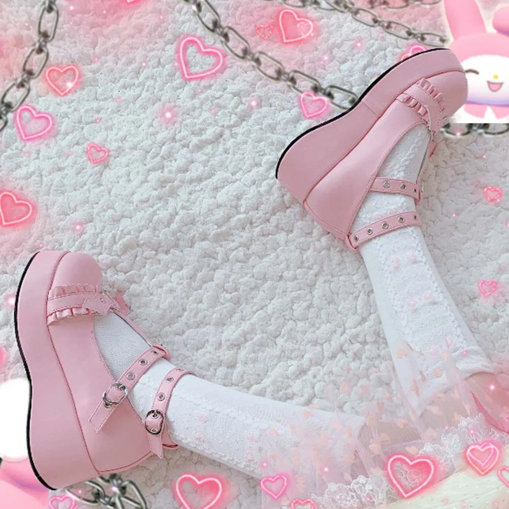 

BONJOMARISA Cute Girls Round Toe Lolita Buckle Pumps Platform Wedges Pumps Women New INS Hot Cosplay Lolita Japanese Shoes Woman
