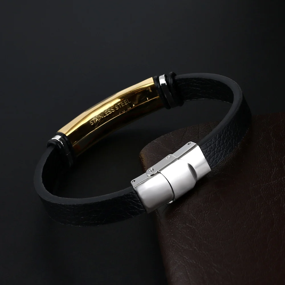 

2021 Charm Jewelry Black Smooth Glossy Stainless Steel Leather Bracelet Men Vintage Titanium Steel Cuff Bracelet Pulsera Hombre