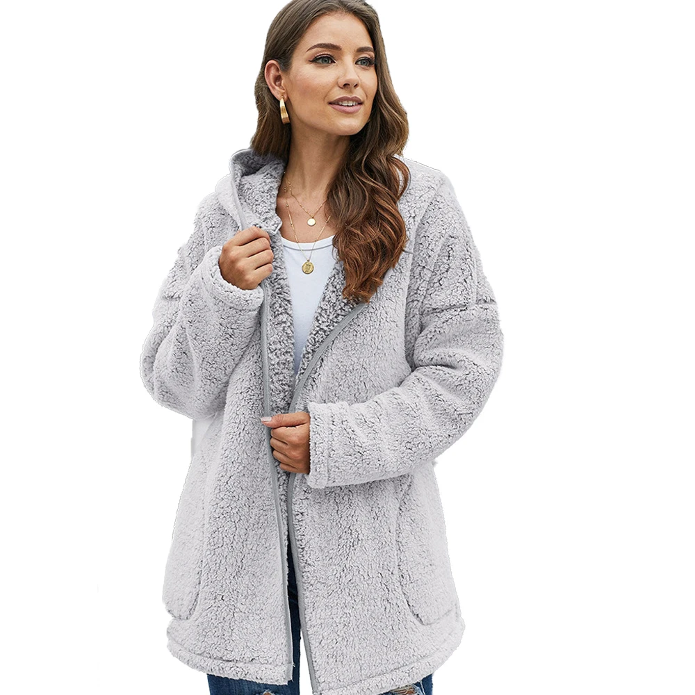 Light Grey Женское меховое пальто, Осень-зима, с меховой отделкой, с капюшоном, модное, открытая стежка, тонкий, толстый, теплый мех, плюшевый жакет размера плюс, плюшевый мишка, пальто - Цвет: Light Grey