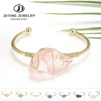 jd natural stone cuff bracelets women gold color wire wrap irregular raw crystal quartz bangles fashion stone jewelry gift