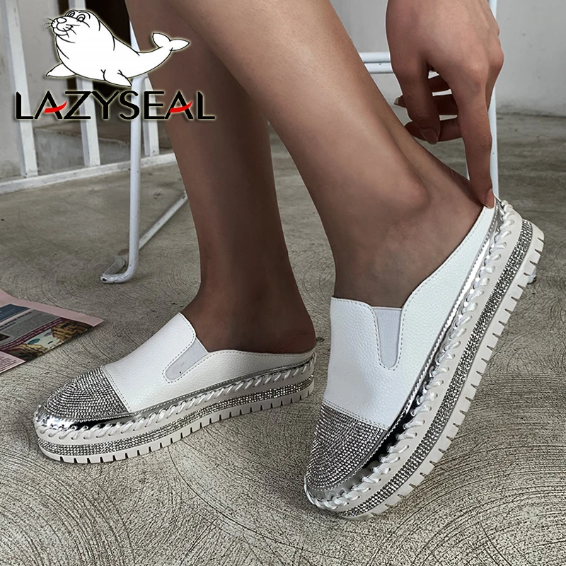 LazySeal Flat Platform Crystals Round Toe Slippers Women Summer Diamond Mules Rhinestone Shoes Flip Flops  Slides Big Size 43