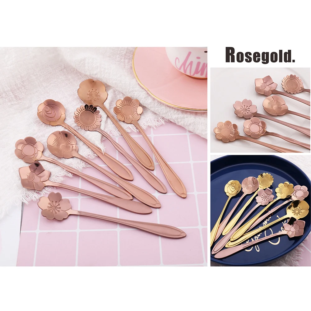 8PCs/ Set Cherry Blossoms Stainless Steel Tea Coffee Spoon Teaspoons Ice Cream Sugar Flatware Gold Kitchen Tableware | Дом и сад