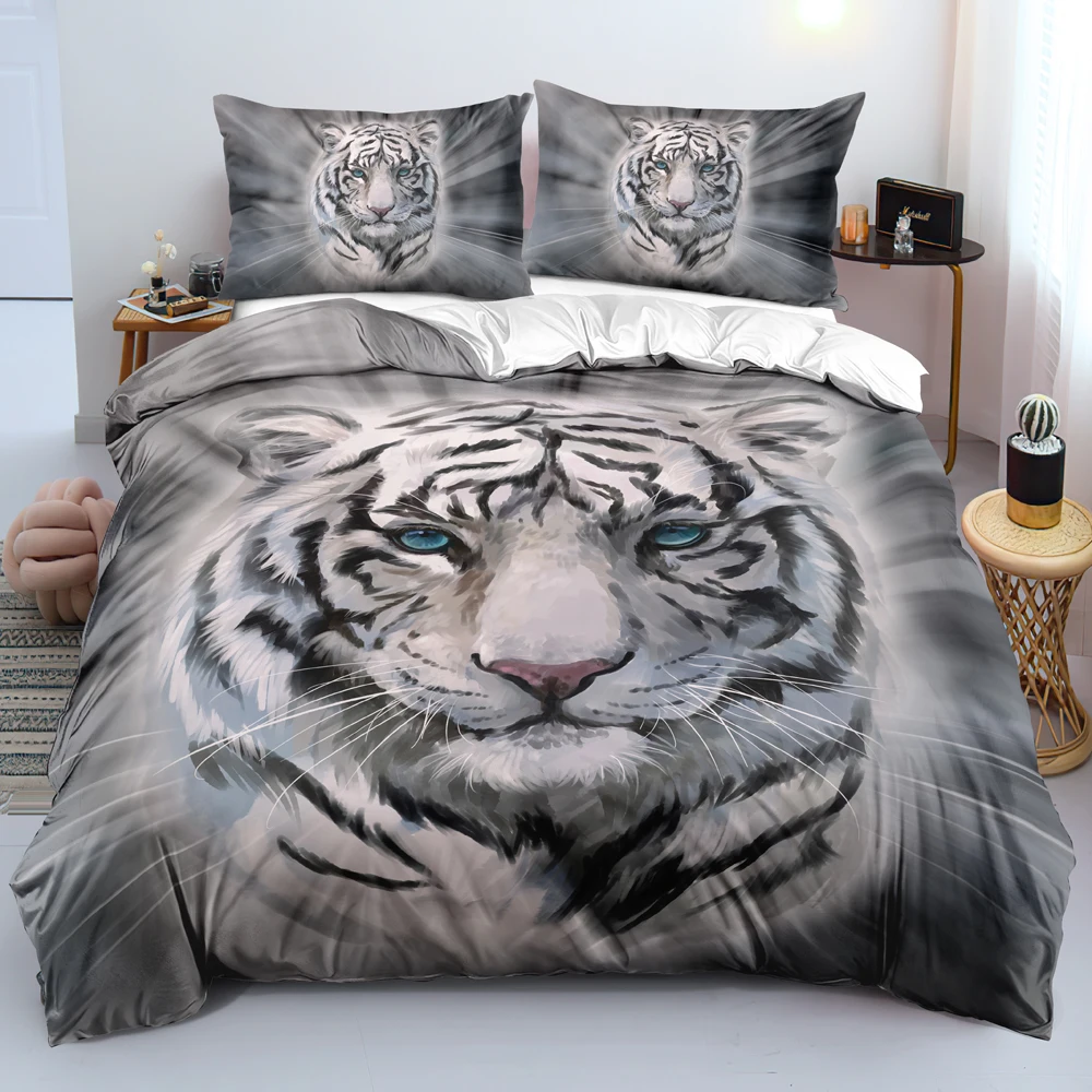 

Gray HD Tiger Bed Linen Custom Design Comforter/Duvet Cover Set Twin Queen King Size 203x230cm Animal Bedding Set for Adults