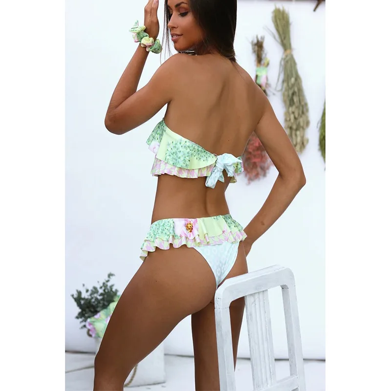 Женский комплект бикини без бретелек с цветочным принтом высокой талией