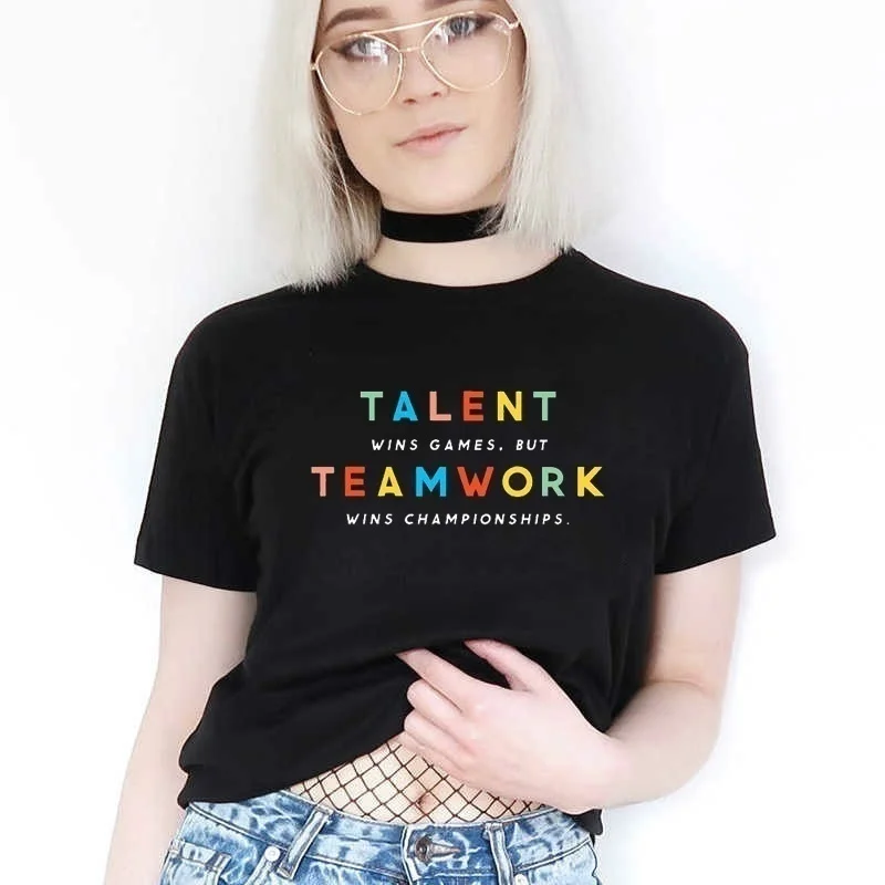 

JBH-Talent Win Games, But TeamWork Wins Championships Letter Printed Cotton Casual Funny Color Letter Unisex Women Tee T-shirt