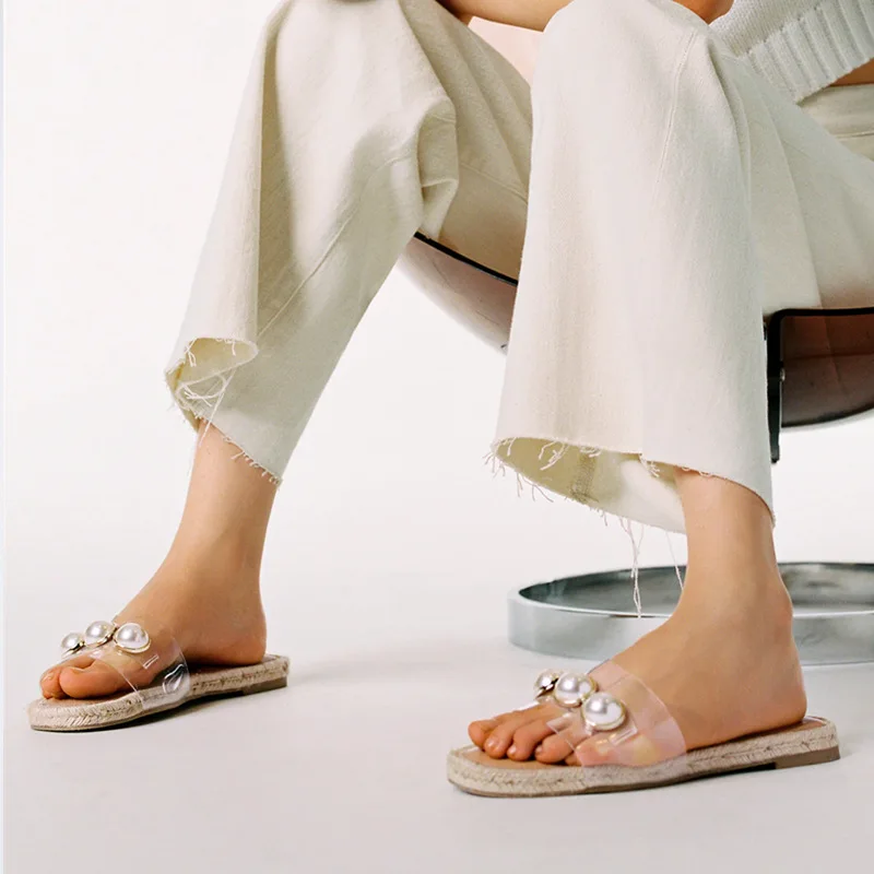 

Brand Open Toe Fashion Slippers Women's Summer New Style PVC Pearl Decoration Fairy Style Flat Sandals Beach Women's Shoes