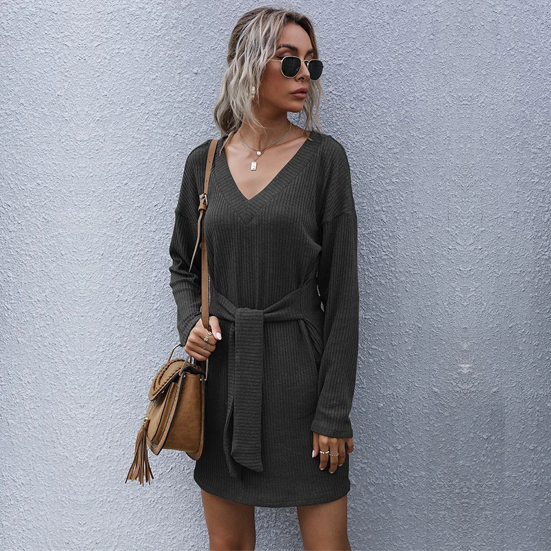 

Women Fashion Knitted Bandage Dress Casual V Neck Full Sleeve Solid Color Autumn Winter Dress For Women 2021 New
