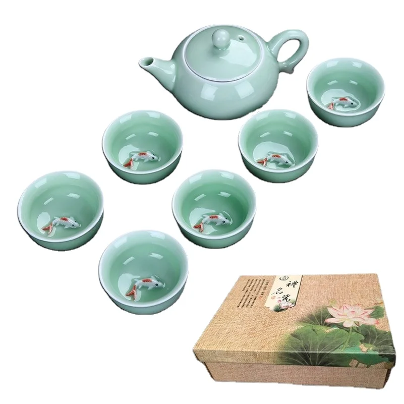 

Керамический фарфоровый чайный сервиз, чайная посуда, чайный горшок, чайная чашка, целадон, рыбья чашка, креативный чайник и Набор чашек