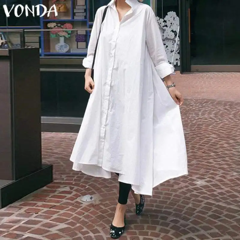 White VONDA, женский сарафан, белое сексуальное платье, повседневное, свободное, с отложным воротником, асимметричное платье-рубашка, женское, с разрезом, вечерние, Vestidos 5XL - Цвет: White