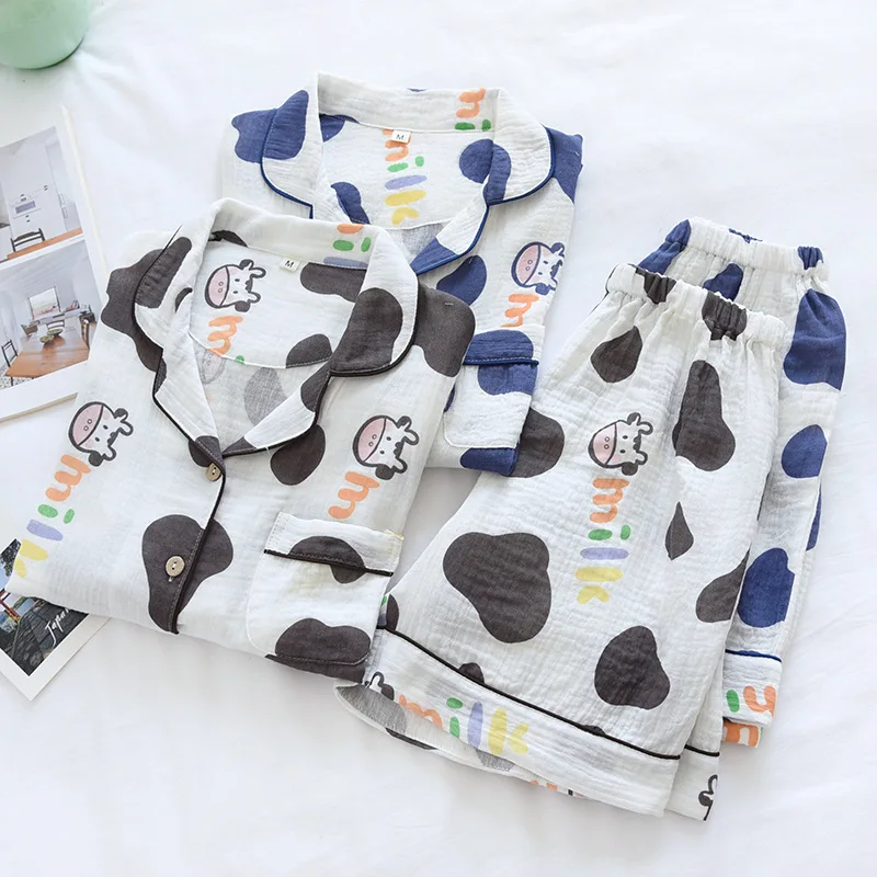 Korean Summer Women Pajamas Pure Cotton Gauze Soft Pajamas Set Cartoon Comfortable Short Sleeve Cardigan Women's Home Wear Thin