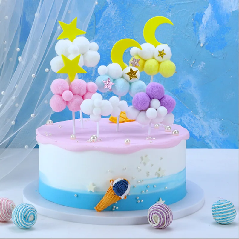 

1PCS Cake Decoration Bake Birthday Party Cake Star Moon Hairy Ball Plugin Festive Dessert Billiard Decoration Card