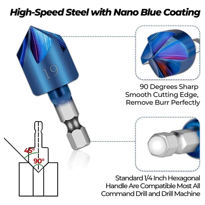 

6Pc 1/4Inch Hex Shank HSS Counter Sink Drill Bit 90 Degree 5 Flute Nano Blue Coated Chamfer Tool Woodworking Drill Bits