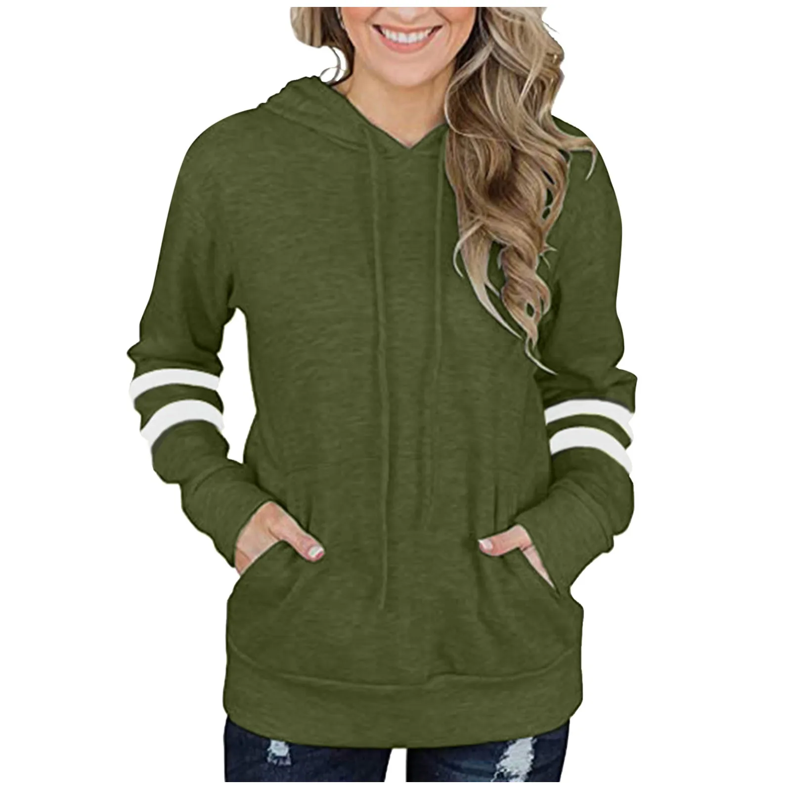 Hoodies Women Fashion Ladies Contrast Striped Hoodie Loose Pocket Long Sleeve Sweatshirt Streetwear Women Oversized Hoodies