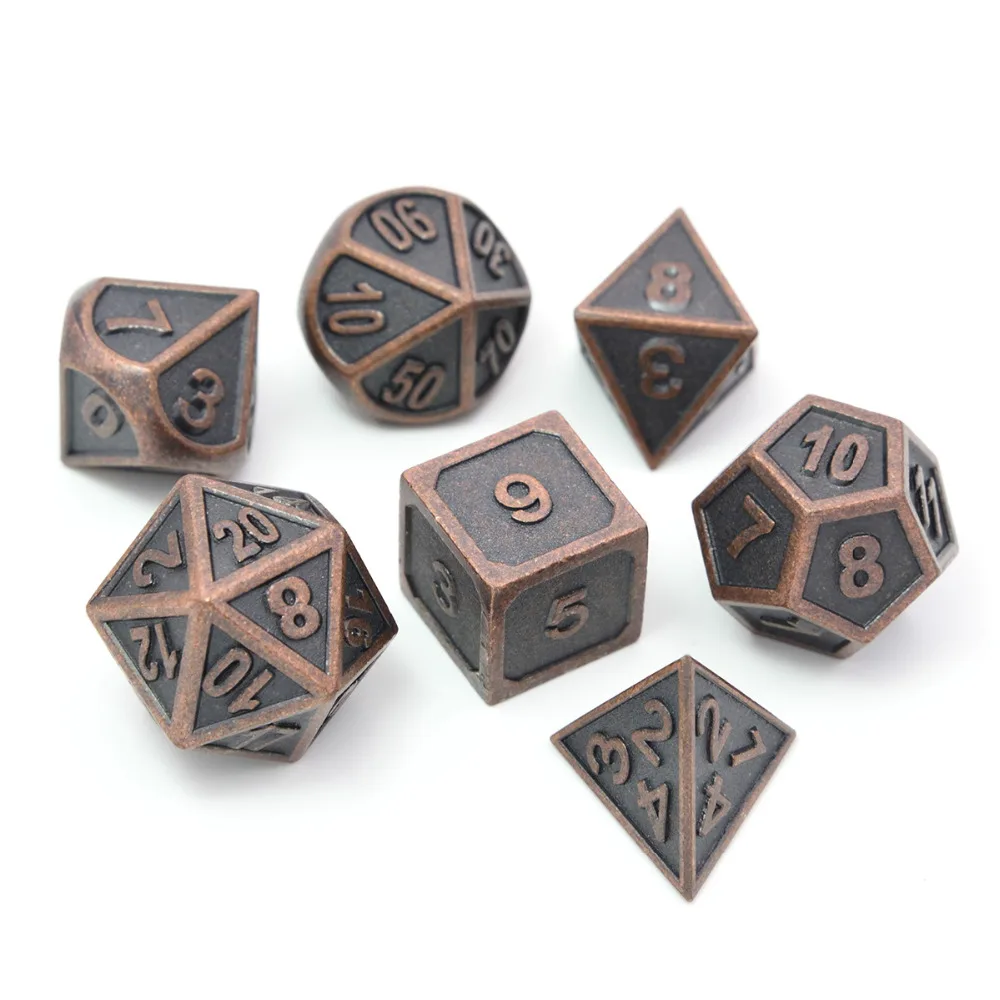 Твердые металлические многогранные игральные кости DND Набор из 7 древних медных