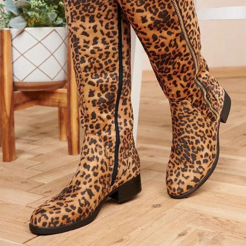 

Women's Boots, Leopard Print, Zipper, Thick-soled Square Heel, Waterproof Snow Boots, Comfortable Outdoor Sexy Women's Boots