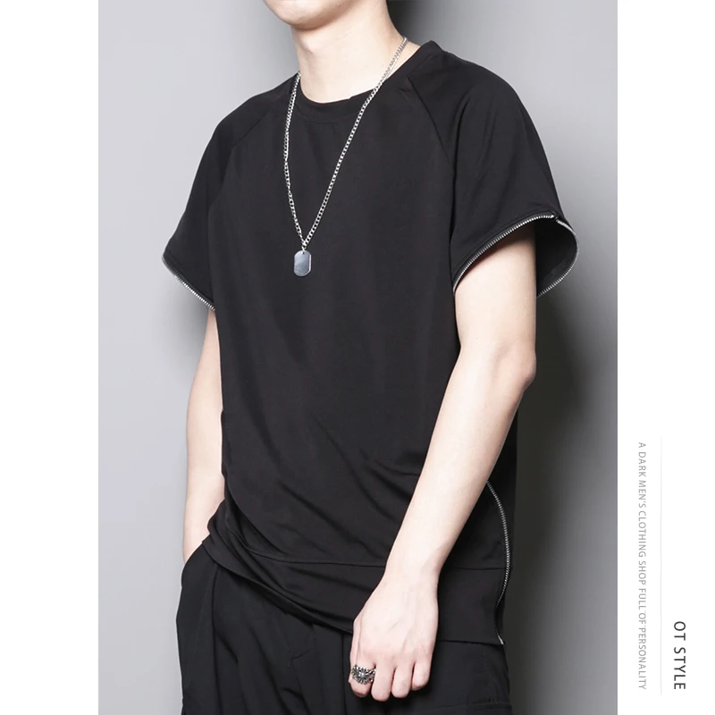 

Dark Department Personality Design Adjustment Side Zipper Chain Cape Short sleeve sleeveless loose turtleneck t-shirt vest male